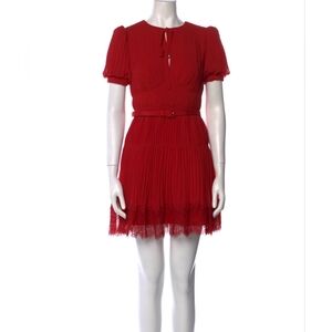 Self Portrait Red Chiffon Pleated Short Dress With Belt, Worn Once, US 6/UK 10